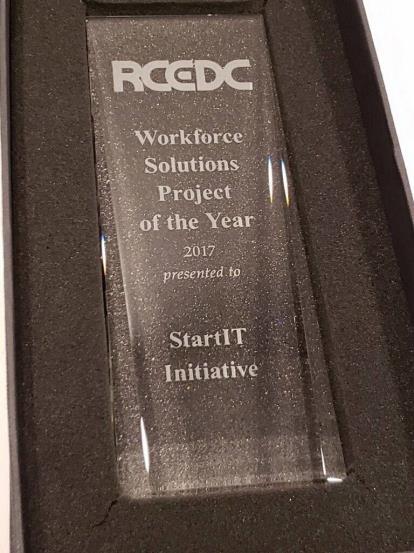 RCEDC Workforce Solutions Project of the Year 2017 plaque presented to StartIT Initiative.